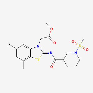 molecular formula C19H25N3O5S2 B2791590 (Z)-methyl 2-(5,7-dimethyl-2-((1-(methylsulfonyl)piperidine-3-carbonyl)imino)benzo[d]thiazol-3(2H)-yl)acetate CAS No. 1070957-60-6