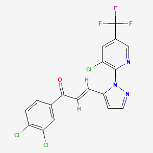 molecular formula C18H9Cl3F3N3O B2791600 3-(1-(3-Chloro-5-(trifluoromethyl)-2-pyridinyl)-1H-pyrazol-5-yl)-1-(3,4-dichlorophenyl)-2-propen-1-one CAS No. 318248-60-1