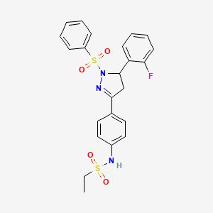 molecular formula C23H22FN3O4S2 B2791652 N-(4-(5-(2-fluorophenyl)-1-(phenylsulfonyl)-4,5-dihydro-1H-pyrazol-3-yl)phenyl)ethanesulfonamide CAS No. 851781-67-4
