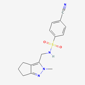 molecular formula C15H16N4O2S B2791653 4-cyano-N-((2-methyl-2,4,5,6-tetrahydrocyclopenta[c]pyrazol-3-yl)methyl)benzenesulfonamide CAS No. 2034553-24-5