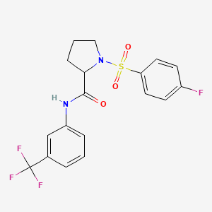 molecular formula C18H16F4N2O3S B2791671 1-(4-fluorophenyl)sulfonyl-N-[3-(trifluoromethyl)phenyl]pyrrolidine-2-carboxamide CAS No. 317377-86-9