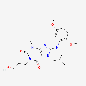 molecular formula C21H27N5O5 B2791775 9-(2,5-dimethoxyphenyl)-3-(3-hydroxypropyl)-1,7-dimethyl-6,7,8,9-tetrahydropyrimido[2,1-f]purine-2,4(1H,3H)-dione CAS No. 923447-52-3