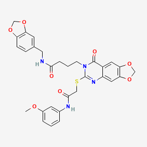 molecular formula C30H28N4O8S B2791793 N-(1,3-benzodioxol-5-ylmethyl)-4-[6-({2-[(3-methoxyphenyl)amino]-2-oxoethyl}thio)-8-oxo[1,3]dioxolo[4,5-g]quinazolin-7(8H)-yl]butanamide CAS No. 688060-34-6
