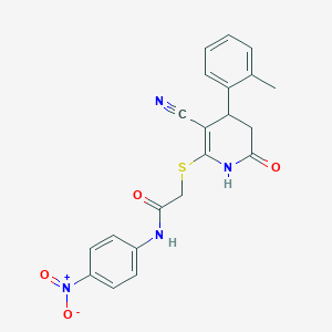 molecular formula C21H18N4O4S B2791851 2-{[3-cyano-4-(2-methylphenyl)-6-oxo-1,4,5,6-tetrahydropyridin-2-yl]sulfanyl}-N-(4-nitrophenyl)acetamide CAS No. 488725-06-0