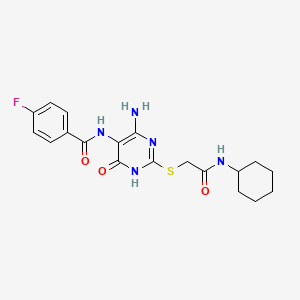 molecular formula C19H22FN5O3S B2791925 N-(4-amino-2-((2-(cyclohexylamino)-2-oxoethyl)thio)-6-oxo-1,6-dihydropyrimidin-5-yl)-4-fluorobenzamide CAS No. 872597-10-9