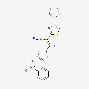 molecular formula C20H11N3O3S2 B2792020 (2E)-3-[5-(2-nitrophenyl)furan-2-yl]-2-[4-(thiophen-2-yl)-1,3-thiazol-2-yl]prop-2-enenitrile CAS No. 627072-69-9
