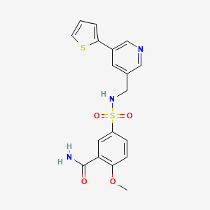molecular formula C18H17N3O4S2 B2792063 2-methoxy-5-(N-((5-(thiophen-2-yl)pyridin-3-yl)methyl)sulfamoyl)benzamide CAS No. 2034599-12-5