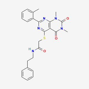molecular formula C25H25N5O3S B2792072 2-((6,8-dimethyl-5,7-dioxo-2-(o-tolyl)-5,6,7,8-tetrahydropyrimido[4,5-d]pyrimidin-4-yl)thio)-N-phenethylacetamide CAS No. 893904-31-9