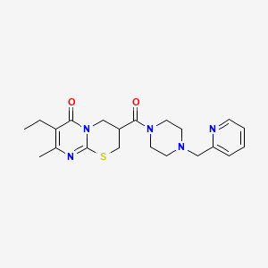 molecular formula C21H27N5O2S B2792073 7-ethyl-8-methyl-3-(4-(pyridin-2-ylmethyl)piperazine-1-carbonyl)-3,4-dihydropyrimido[2,1-b][1,3]thiazin-6(2H)-one CAS No. 1421510-15-7