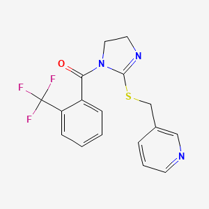 molecular formula C17H14F3N3OS B2792085 [2-(Pyridin-3-ylmethylsulfanyl)-4,5-dihydroimidazol-1-yl]-[2-(trifluoromethyl)phenyl]methanone CAS No. 851807-73-3
