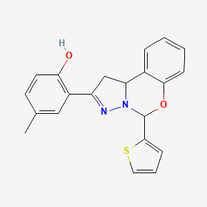 molecular formula C21H18N2O2S B2792087 4-Methyl-2-(5-thien-2-yl-1,10b-dihydropyrazolo[1,5-c][1,3]benzoxazin-2-yl)phenol CAS No. 896619-31-1