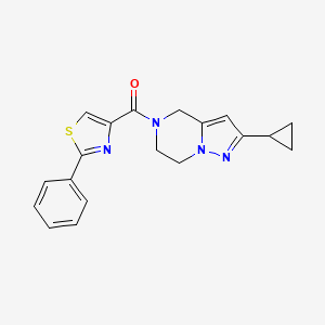 molecular formula C19H18N4OS B2792104 (2-cyclopropyl-6,7-dihydropyrazolo[1,5-a]pyrazin-5(4H)-yl)(2-phenylthiazol-4-yl)methanone CAS No. 2034380-52-2