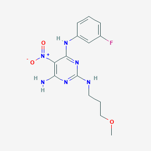molecular formula C14H17FN6O3 B2792176 N4-(3-fluorophenyl)-N2-(3-methoxypropyl)-5-nitropyrimidine-2,4,6-triamine CAS No. 672915-68-3