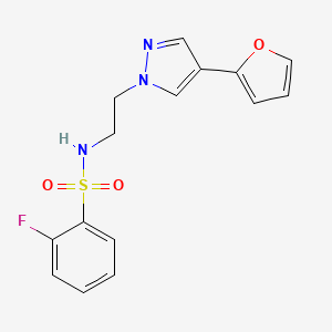 molecular formula C15H14FN3O3S B2792272 2-fluoro-N-(2-(4-(furan-2-yl)-1H-pyrazol-1-yl)ethyl)benzenesulfonamide CAS No. 2034513-02-3