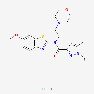 molecular formula C21H28ClN5O3S B2792314 1-ethyl-N-(6-methoxybenzo[d]thiazol-2-yl)-5-methyl-N-(2-morpholinoethyl)-1H-pyrazole-3-carboxamide hydrochloride CAS No. 1327193-37-2