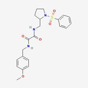 molecular formula C21H25N3O5S B2792381 N1-(4-methoxybenzyl)-N2-((1-(phenylsulfonyl)pyrrolidin-2-yl)methyl)oxalamide CAS No. 896266-84-5