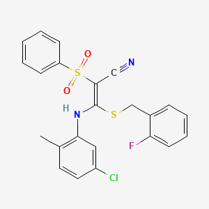 molecular formula C23H18ClFN2O2S2 B2792426 (E)-3-((5-chloro-2-methylphenyl)amino)-3-((2-fluorobenzyl)thio)-2-(phenylsulfonyl)acrylonitrile CAS No. 866344-54-9