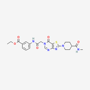 molecular formula C23H26N6O5S B2792428 ethyl 3-(2-(2-(4-(methylcarbamoyl)piperidin-1-yl)-7-oxothiazolo[4,5-d]pyrimidin-6(7H)-yl)acetamido)benzoate CAS No. 1251613-12-3
