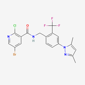 molecular formula C19H15BrClF3N4O B2792430 5-bromo-2-chloro-N-{[4-(3,5-dimethyl-1H-pyrazol-1-yl)-2-(trifluoromethyl)phenyl]methyl}pyridine-3-carboxamide CAS No. 1356701-54-6