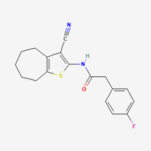 molecular formula C18H17FN2OS B2792528 N-(3-cyano-5,6,7,8-tetrahydro-4H-cyclohepta[b]thiophen-2-yl)-2-(4-fluorophenyl)acetamide CAS No. 899958-49-7