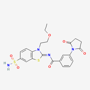 molecular formula C22H22N4O6S2 B2792532 (Z)-3-(2,5-dioxopyrrolidin-1-yl)-N-(3-(2-ethoxyethyl)-6-sulfamoylbenzo[d]thiazol-2(3H)-ylidene)benzamide CAS No. 865173-95-1