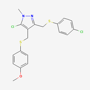 molecular formula C19H18Cl2N2OS2 B2792538 4-{[(5-chloro-3-{[(4-chlorophenyl)sulfanyl]methyl}-1-methyl-1H-pyrazol-4-yl)methyl]sulfanyl}phenyl methyl ether CAS No. 318234-32-1