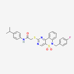 molecular formula C28H25FN4O3S2 B2792576 2-((6-(4-fluorobenzyl)-5,5-dioxido-6H-benzo[c]pyrimido[4,5-e][1,2]thiazin-2-yl)thio)-N-(4-isopropylphenyl)acetamide CAS No. 895098-47-2