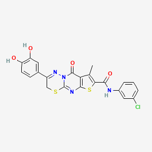 molecular formula C22H15ClN4O4S2 B2792590 N-(3-chlorophenyl)-2-(3,4-dihydroxyphenyl)-8-methyl-9-oxo-3,9-dihydrothieno[2',3':4,5]pyrimido[2,1-b][1,3,4]thiadiazine-7-carboxamide CAS No. 866842-56-0