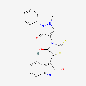 molecular formula C22H16N4O3S2 B2792595 (E)-3-(1,5-dimethyl-3-oxo-2-phenyl-2,3-dihydro-1H-pyrazol-4-yl)-5-(2-oxoindolin-3-ylidene)-2-thioxothiazolidin-4-one CAS No. 190653-63-5