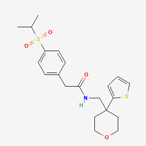 molecular formula C21H27NO4S2 B2792610 2-(4-(isopropylsulfonyl)phenyl)-N-((4-(thiophen-2-yl)tetrahydro-2H-pyran-4-yl)methyl)acetamide CAS No. 1211840-93-5