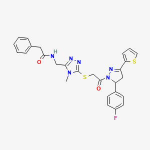 molecular formula C27H25FN6O2S2 B2792702 N-((5-((2-(5-(4-fluorophenyl)-3-(thiophen-2-yl)-4,5-dihydro-1H-pyrazol-1-yl)-2-oxoethyl)thio)-4-methyl-4H-1,2,4-triazol-3-yl)methyl)-2-phenylacetamide CAS No. 362506-08-9