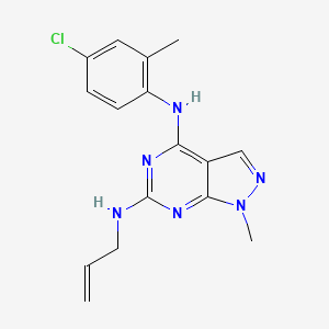 molecular formula C16H17ClN6 B2792703 (4-Chloro-2-methylphenyl)[1-methyl-6-(prop-2-enylamino)pyrazolo[4,5-e]pyrimidi n-4-yl]amine CAS No. 896003-64-8