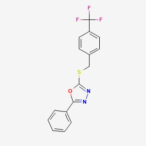 molecular formula C16H11F3N2OS B2792722 2-Phenyl-5-{[4-(trifluoromethyl)benzyl]sulfanyl}-1,3,4-oxadiazole CAS No. 477846-61-0
