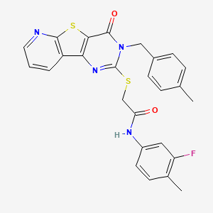 molecular formula C26H21FN4O2S2 B2792806 N-(3-fluoro-4-methylphenyl)-2-[[5-[(4-methylphenyl)methyl]-6-oxo-8-thia-3,5,10-triazatricyclo[7.4.0.02,7]trideca-1(9),2(7),3,10,12-pentaen-4-yl]sulfanyl]acetamide CAS No. 1223957-61-6