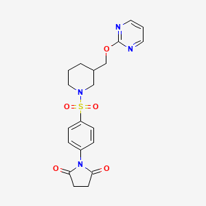molecular formula C20H22N4O5S B2792939 1-[4-[3-(Pyrimidin-2-yloxymethyl)piperidin-1-yl]sulfonylphenyl]pyrrolidine-2,5-dione CAS No. 2379970-54-2