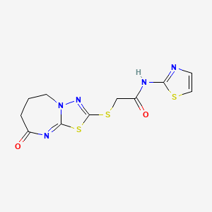 molecular formula C11H11N5O2S3 B2793014 2-((8-oxo-5,6,7,8-tetrahydro-[1,3,4]thiadiazolo[3,2-a][1,3]diazepin-2-yl)thio)-N-(thiazol-2-yl)acetamide CAS No. 450346-71-1