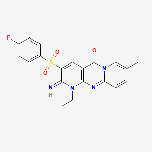 molecular formula C21H17FN4O3S B2793030 5-(4-fluorophenyl)sulfonyl-6-imino-13-methyl-7-prop-2-enyl-1,7,9-triazatricyclo[8.4.0.03,8]tetradeca-3(8),4,9,11,13-pentaen-2-one CAS No. 844834-63-5