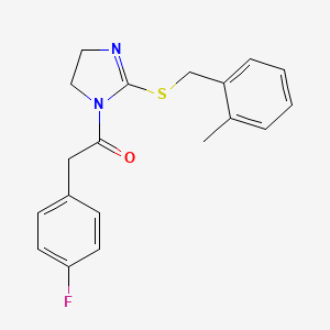 molecular formula C19H19FN2OS B2793124 2-(4-fluorophenyl)-1-(2-((2-methylbenzyl)thio)-4,5-dihydro-1H-imidazol-1-yl)ethanone CAS No. 851801-35-9