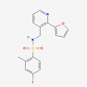 molecular formula C17H15FN2O3S B2793133 4-fluoro-N-((2-(furan-2-yl)pyridin-3-yl)methyl)-2-methylbenzenesulfonamide CAS No. 2034549-97-6