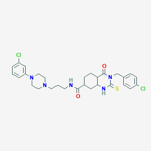 molecular formula C29H29Cl2N5O2S B2793298 3-[(4-chlorophenyl)methyl]-N-{3-[4-(3-chlorophenyl)piperazin-1-yl]propyl}-4-oxo-2-sulfanylidene-1,2,3,4-tetrahydroquinazoline-7-carboxamide CAS No. 422282-84-6