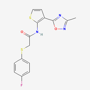 molecular formula C15H12FN3O2S2 B2793322 2-((4-fluorophenyl)thio)-N-(3-(3-methyl-1,2,4-oxadiazol-5-yl)thiophen-2-yl)acetamide CAS No. 2034615-40-0