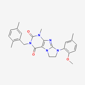 molecular formula C25H27N5O3 B2793407 3-[(2,5-Dimethylphenyl)methyl]-8-(2-methoxy-5-methylphenyl)-1-methyl-1,3,5-tri hydroimidazolidino[1,2-h]purine-2,4-dione CAS No. 922463-64-7