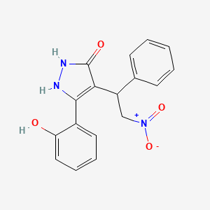 molecular formula C17H15N3O4 B2793413 5-(2-Hydroxyphenyl)-4-(2-nitro-1-phenylethyl)-1,2-dihydropyrazol-3-one CAS No. 956786-32-6