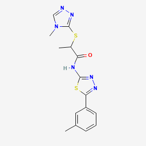 molecular formula C15H16N6OS2 B2793419 2-((4-methyl-4H-1,2,4-triazol-3-yl)thio)-N-(5-(m-tolyl)-1,3,4-thiadiazol-2-yl)propanamide CAS No. 394235-05-3