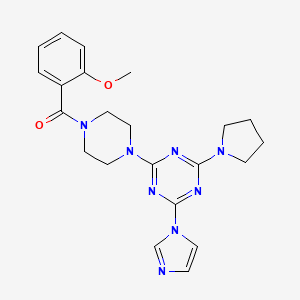 molecular formula C22H26N8O2 B2793428 (4-(4-(1H-imidazol-1-yl)-6-(pyrrolidin-1-yl)-1,3,5-triazin-2-yl)piperazin-1-yl)(2-methoxyphenyl)methanone CAS No. 1170620-49-1