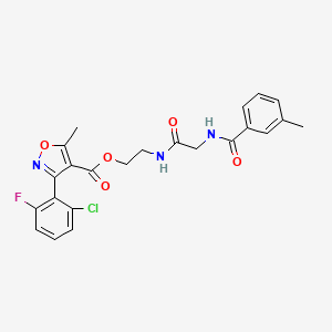 molecular formula C23H21ClFN3O5 B2793462 2-({2-[(3-Methylbenzoyl)amino]acetyl}amino)ethyl 3-(2-chloro-6-fluorophenyl)-5-methyl-4-isoxazolecarboxylate CAS No. 338419-60-6