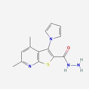 molecular formula C14H14N4OS B2793574 4,6-dimethyl-3-(1H-pyrrol-1-yl)thieno[2,3-b]pyridine-2-carbohydrazide CAS No. 180793-06-0