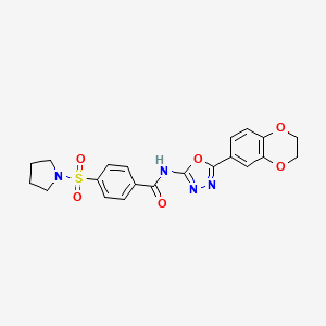 molecular formula C21H20N4O6S B2793581 N-(5-(2,3-dihydrobenzo[b][1,4]dioxin-6-yl)-1,3,4-oxadiazol-2-yl)-4-(pyrrolidin-1-ylsulfonyl)benzamide CAS No. 862808-33-1
