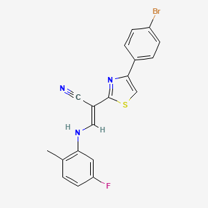 molecular formula C19H13BrFN3S B2793674 (2E)-2-[4-(4-bromophenyl)-1,3-thiazol-2-yl]-3-[(5-fluoro-2-methylphenyl)amino]prop-2-enenitrile CAS No. 477297-90-8