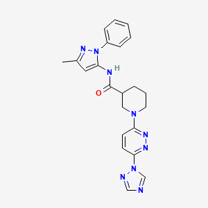 molecular formula C22H23N9O B2793688 1-(6-(1H-1,2,4-triazol-1-yl)pyridazin-3-yl)-N-(3-methyl-1-phenyl-1H-pyrazol-5-yl)piperidine-3-carboxamide CAS No. 1797889-66-7